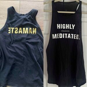 2 lululemon Yoga/Pilates black Tanks size 10 graphic “Highly Meditated &Namaste”